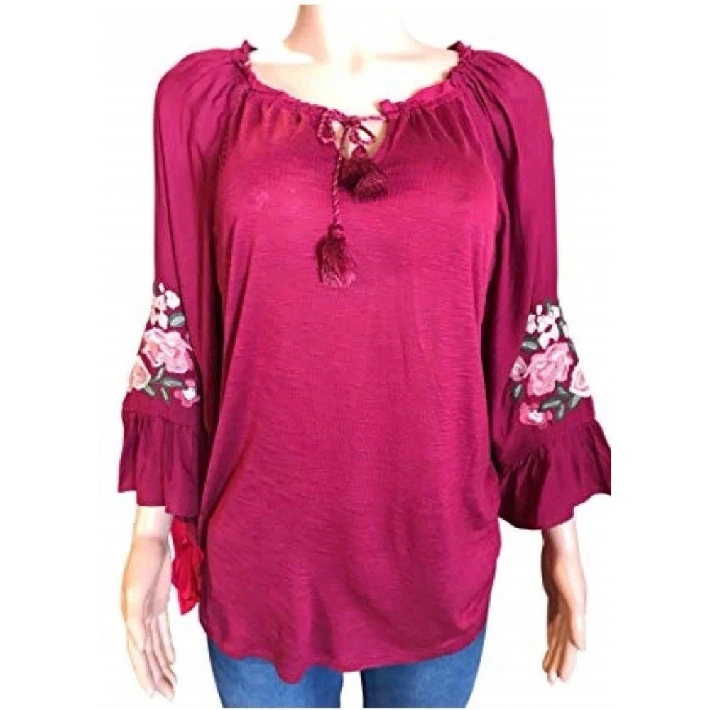 Vintage America Blues Boho Cottagecore Womens Top XXL Beet Red Flare Sleeve Y2K